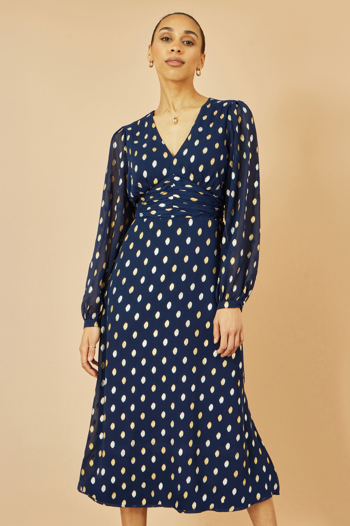 Yumi Navy Foil Print Midi Dress Dress Party Yumi