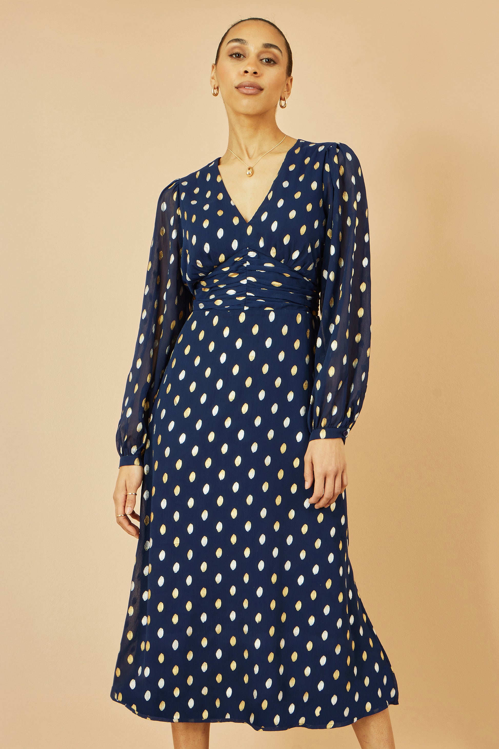 Yumi Navy Foil Print Midi Dress Dress Party Yumi