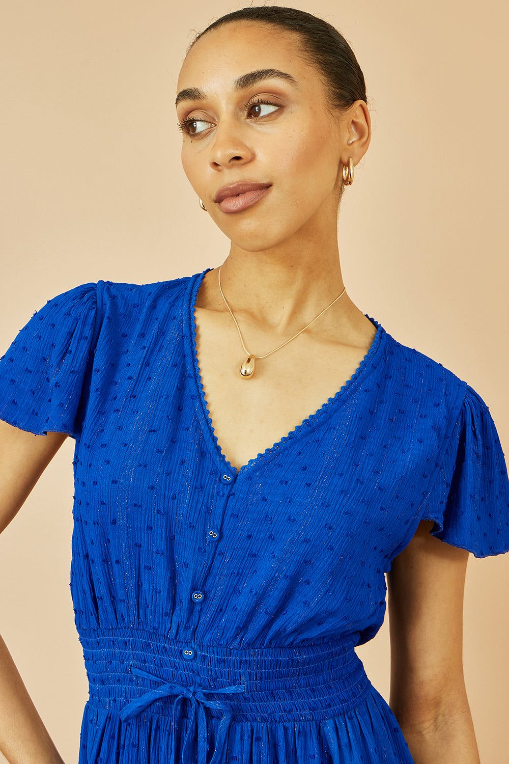 Yumi Blue Button Detail Midi Dress With Ruched Waist And Metallic Thread Dress Casual Yumi