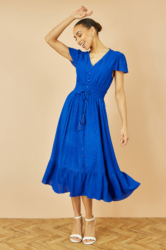 Yumi Blue Button Detail Midi Dress With Ruched Waist And Metallic Thread Dress Casual Yumi