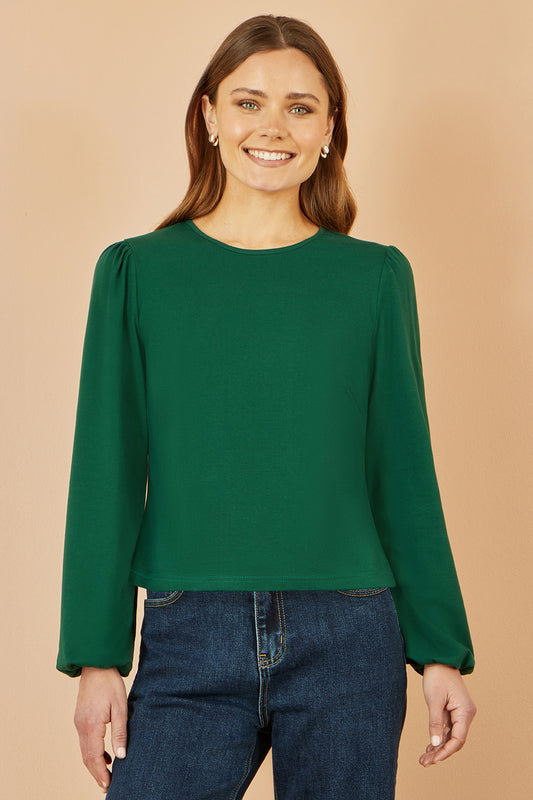 Yumi Green Stretch Cotton Jersey Long Sleeve Top Top Yumi