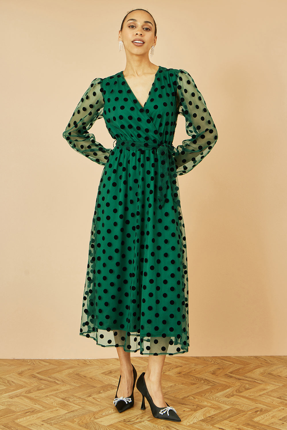 Yumi Green Spot Mesh Wrap Midi Skater Dress DRES Party Yumi