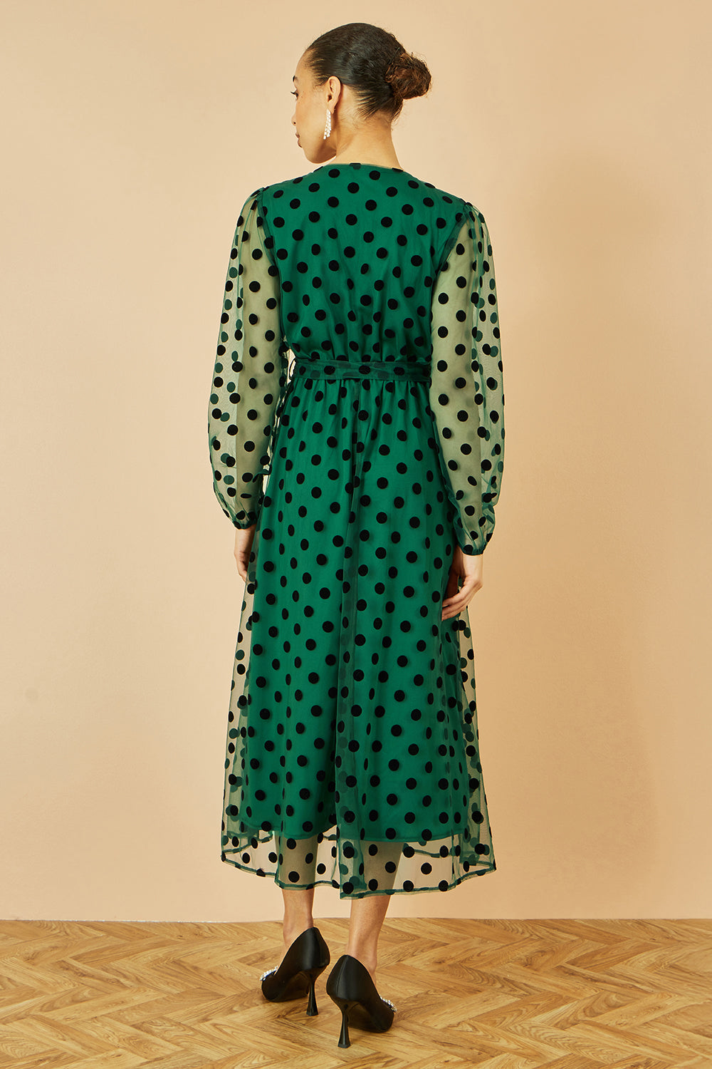 Yumi Green Spot Mesh Wrap Midi Skater Dress DRES Party Yumi