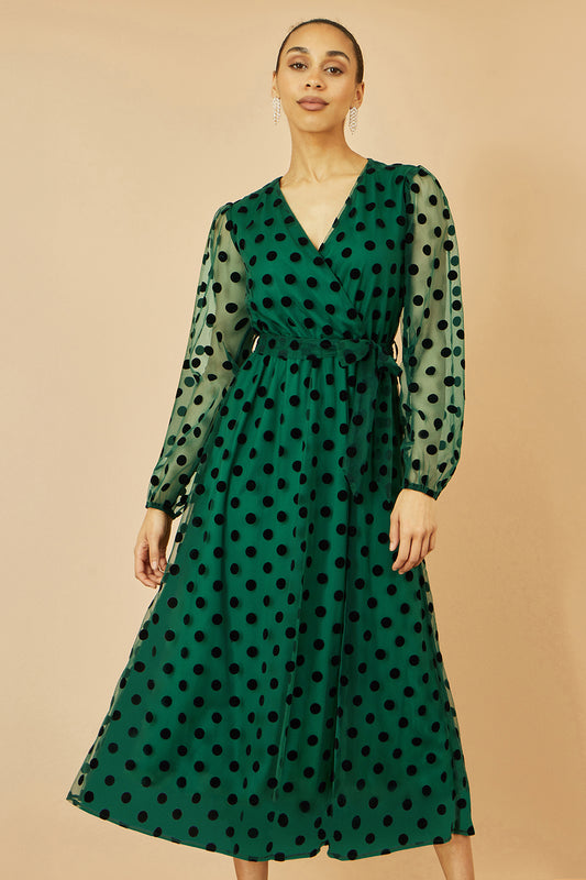 Yumi Green Spot Mesh Wrap Midi Skater Dress DRES Party Yumi