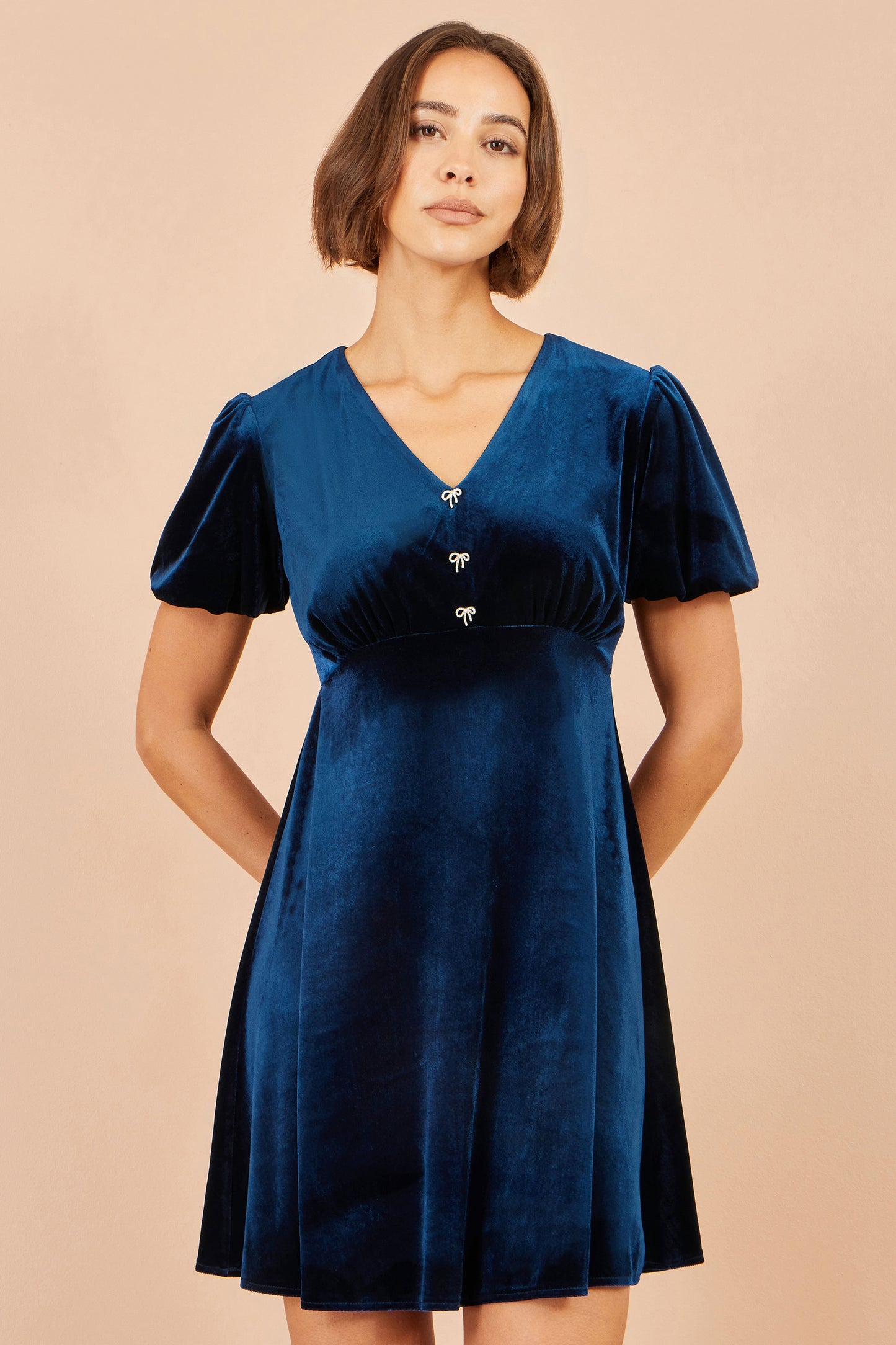 Yumi Navy Velvet Skater Dress With Dimante Bow Detail Dress Party Yumi