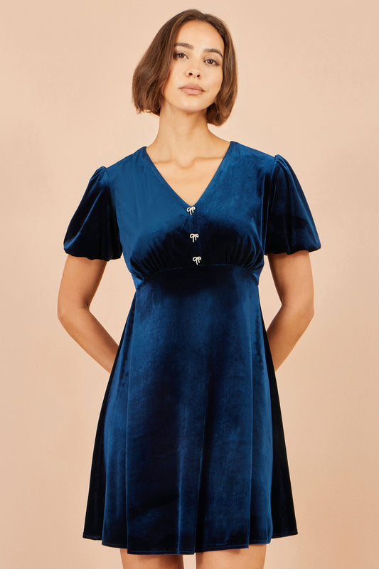 Yumi Navy Velvet Skater Dress With Dimante Bow Detail Dress Party Yumi