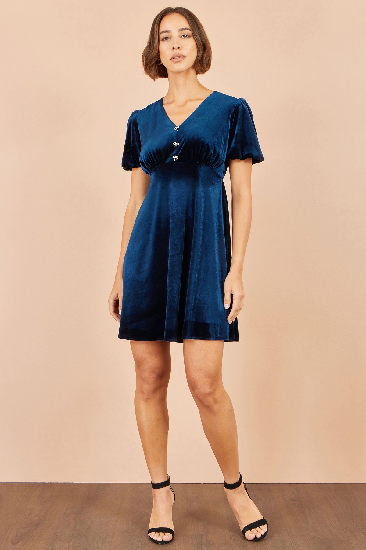 Yumi Navy Velvet Skater Dress With Dimante Bow Detail Dress Party Yumi