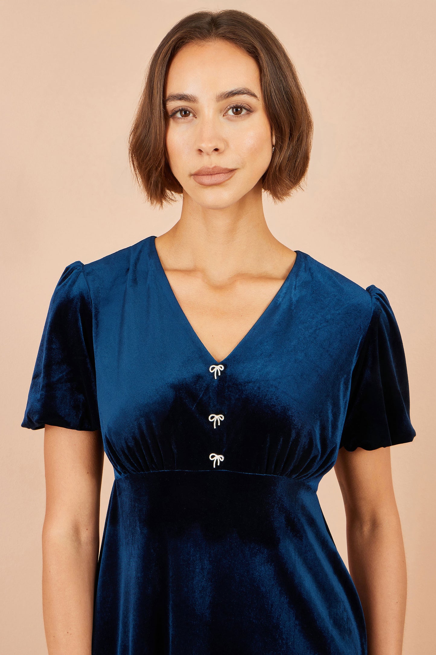 Yumi Navy Velvet Skater Dress With Dimante Bow Detail Dress Party Yumi