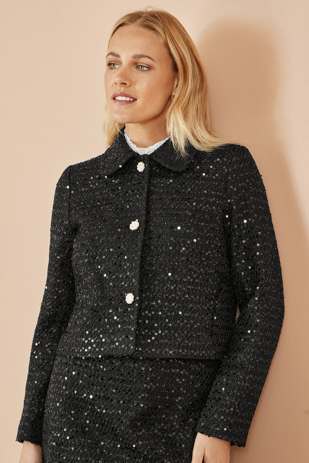 Yumi Black Boucle Sequin Jacket With Pearl Buttons JACKET Yumi