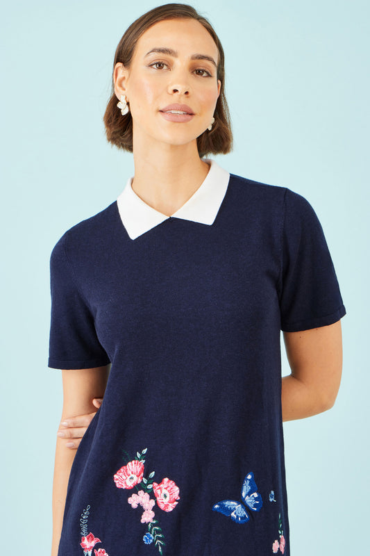 Yumi Navy Embroidered Knitted Floral Tunic Knit Dress Yumi