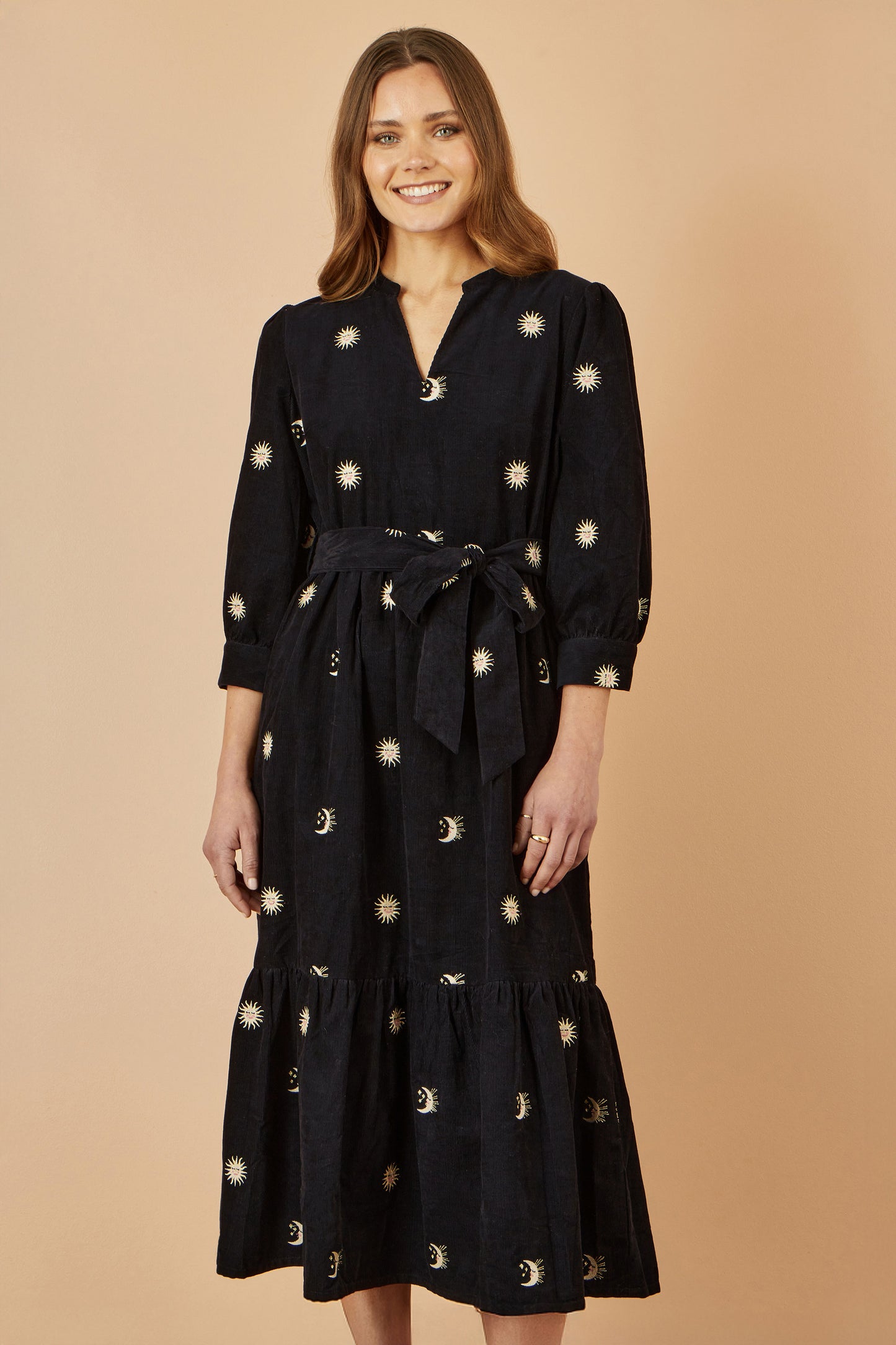 Yumi Black Cosmic Embroidery Cord Midi Shirt Dress Dress Casual Yumi