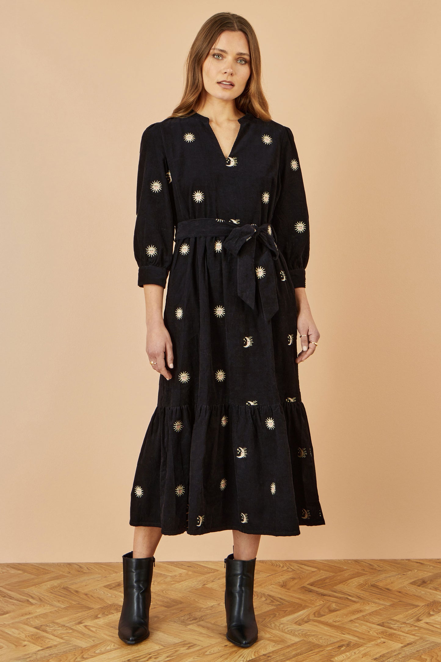 Yumi Black Cosmic Embroidery Cord Midi Shirt Dress Dress Casual Yumi