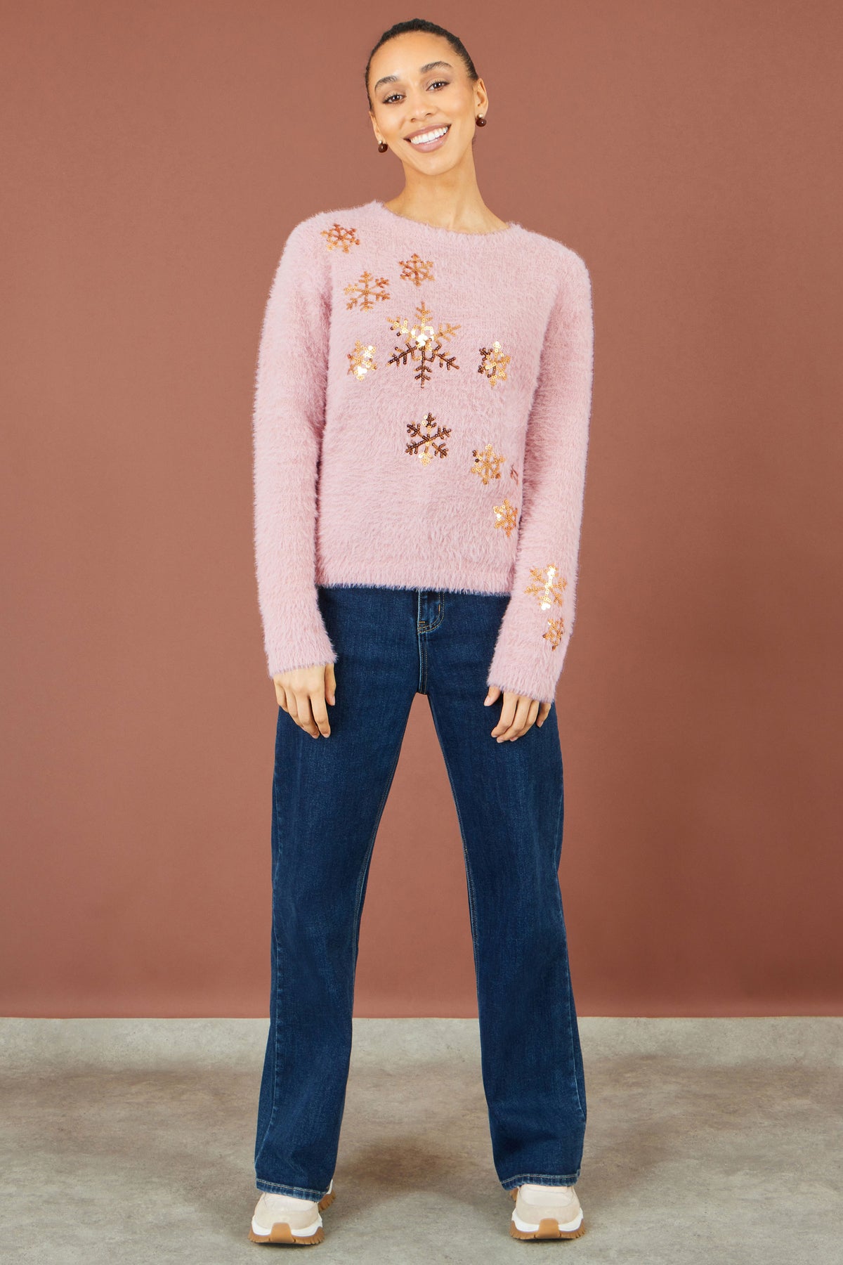 Yumi Pink Sequin Snowflake Fluffy Jumper