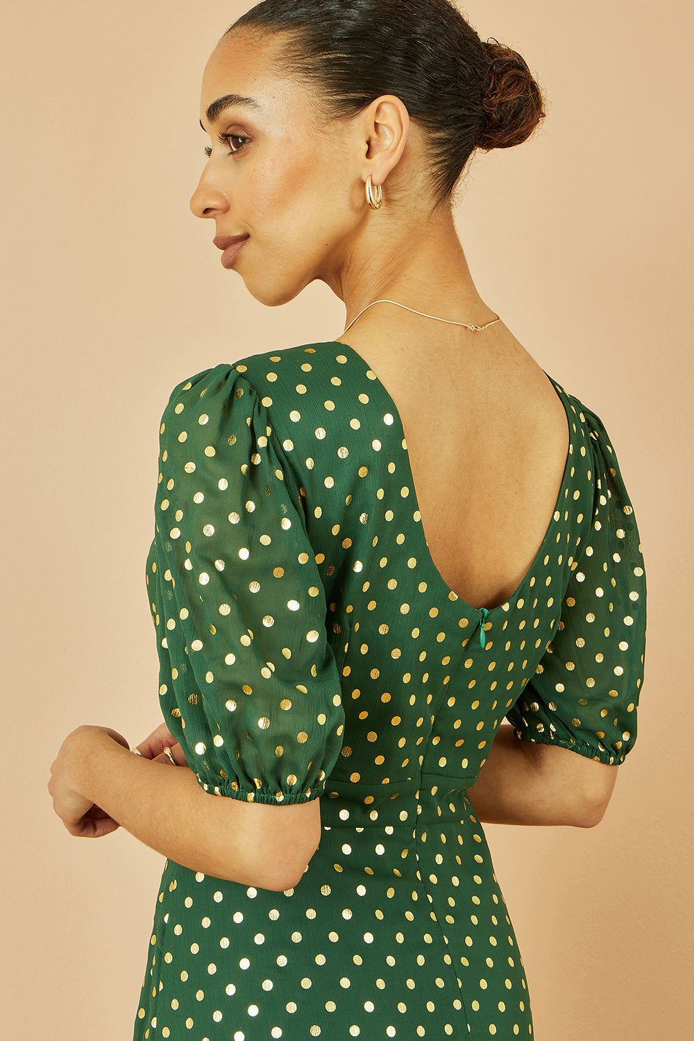 Yumi Green Gold Foil Spot Midi Dress With Scoop Back DRES Party Yumi