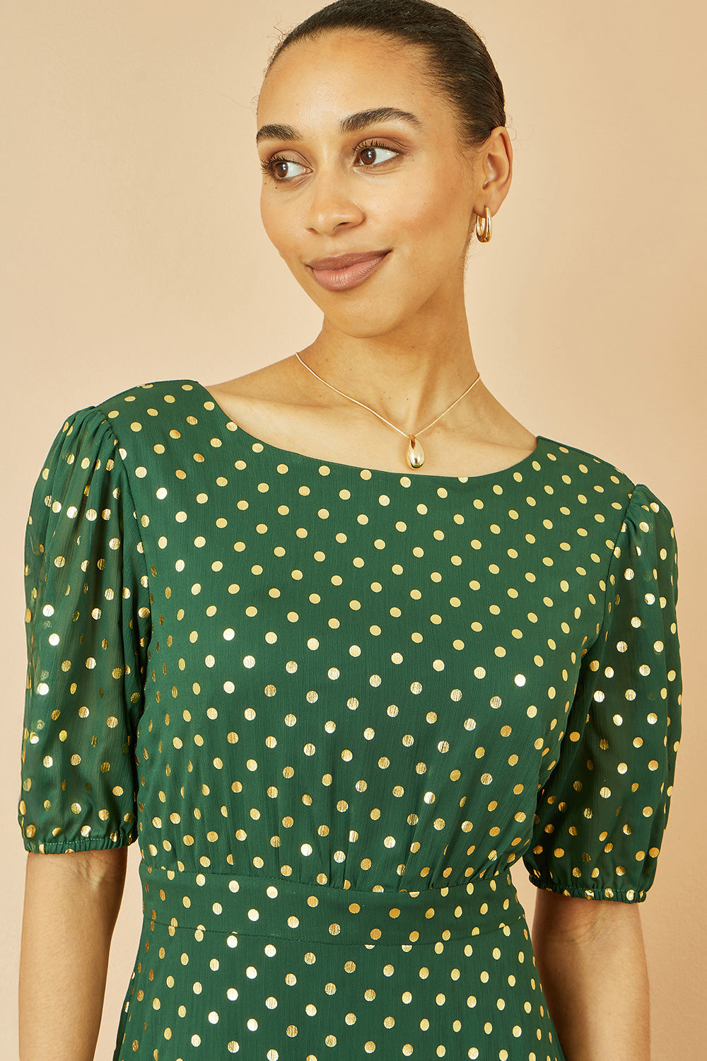 Yumi Green Gold Foil Spot Midi Dress With Scoop Back DRES Party Yumi
