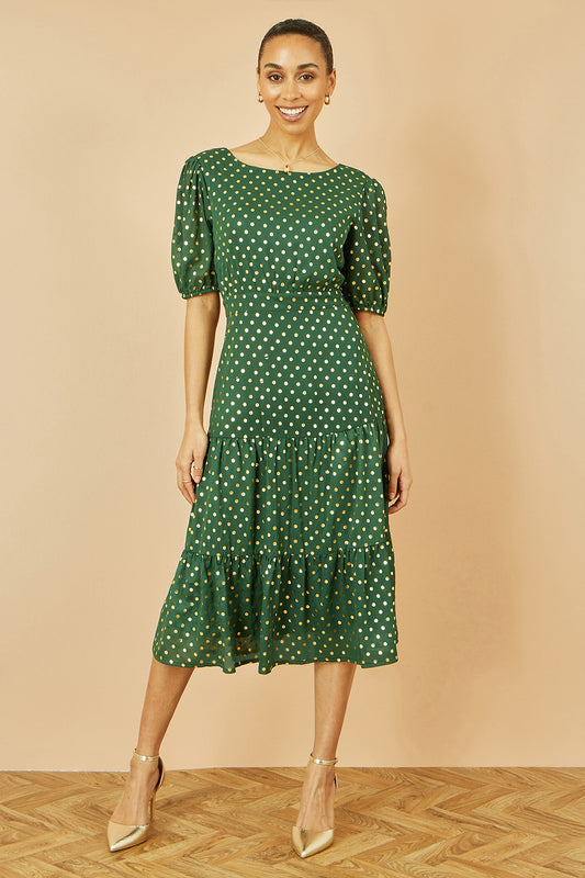 Yumi Green Gold Foil Spot Midi Dress With Scoop Back DRES Party Yumi