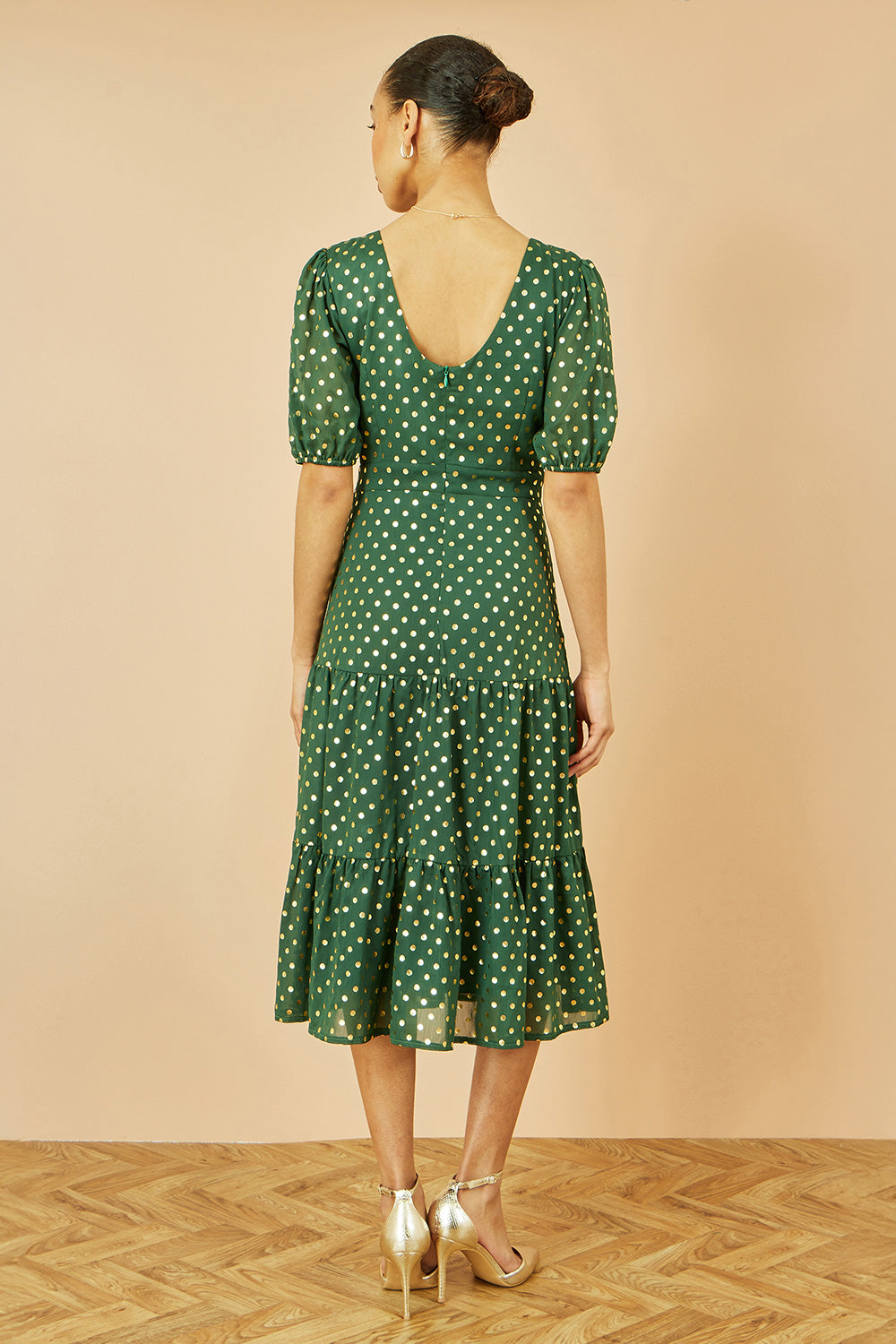 Yumi Green Gold Foil Spot Midi Dress With Scoop Back DRES Party Yumi
