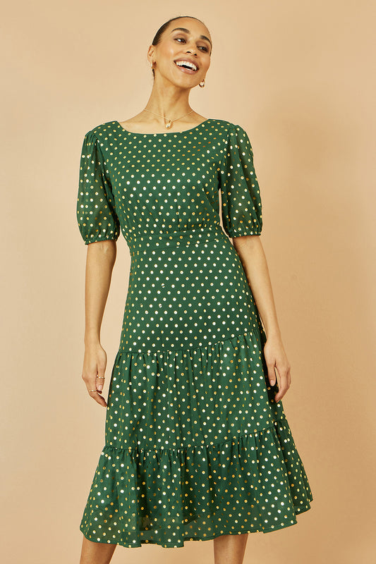Yumi Green Gold Foil Spot Midi Dress With Scoop Back DRES Party Yumi