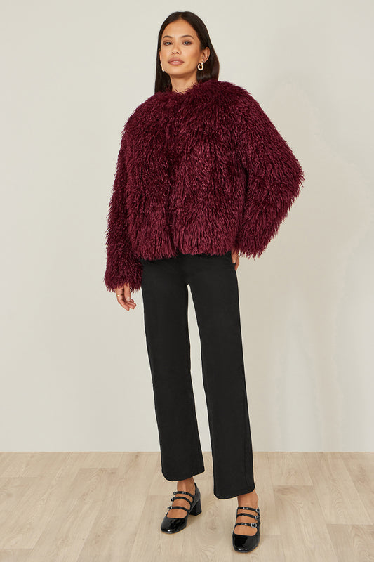 Yumi Burgundy Luxe Fluffy Faux Fur Coat COAT Yumi