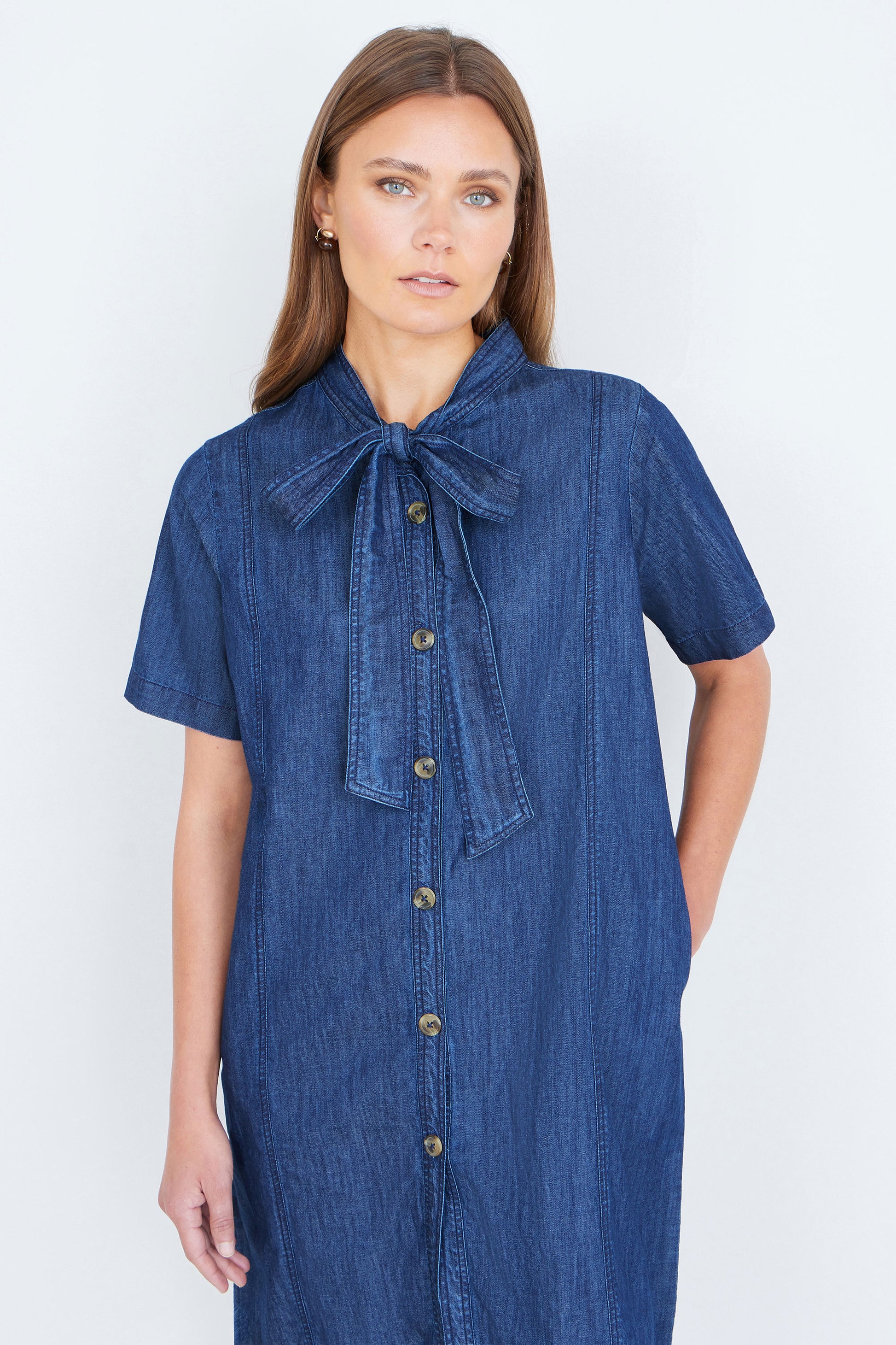 Yumi Blue Chambray Tunic With Pussy Bow Tie Dress Casual Yumi