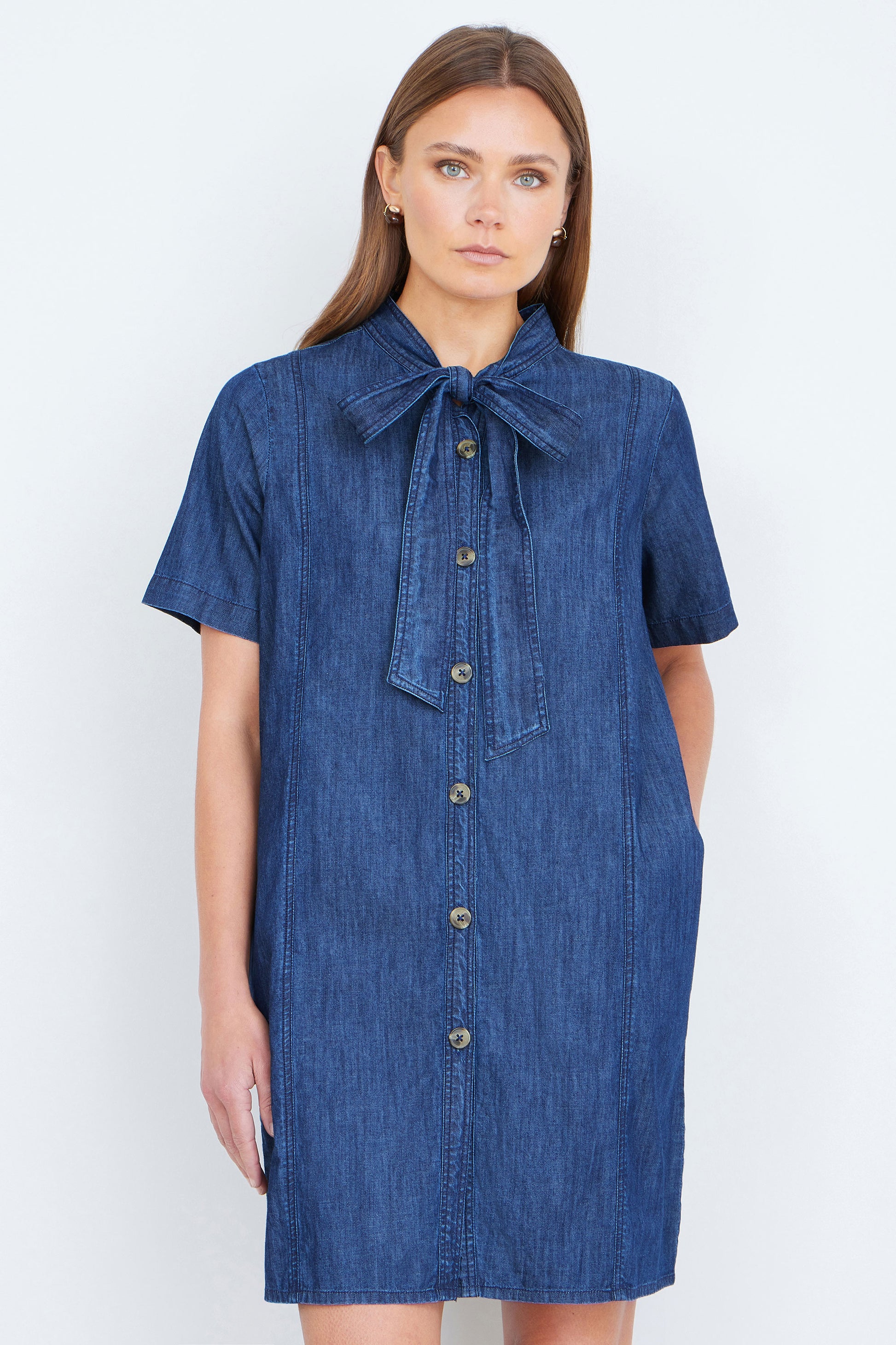 Yumi Blue Chambray Tunic With Pussy Bow Tie Dress Casual Yumi