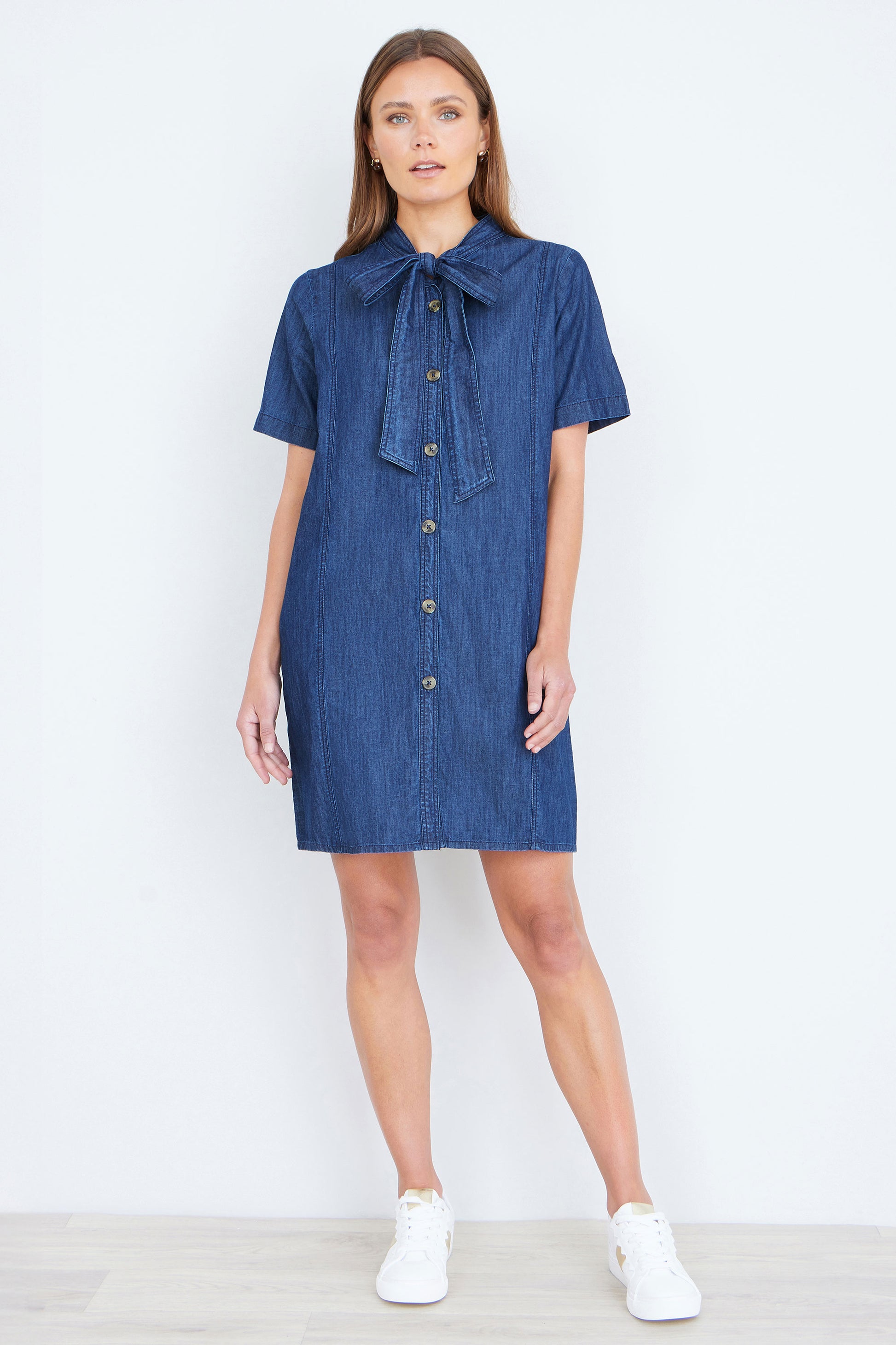 Yumi Blue Chambray Tunic With Pussy Bow Tie Dress Casual Yumi