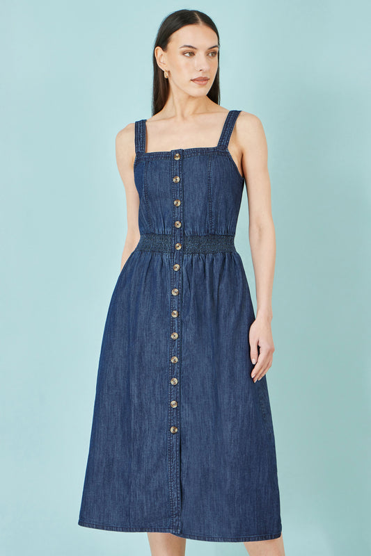 Yumi Blue Chambray Cotton Ruched Midi Sun Dress Dress Casual Yumi