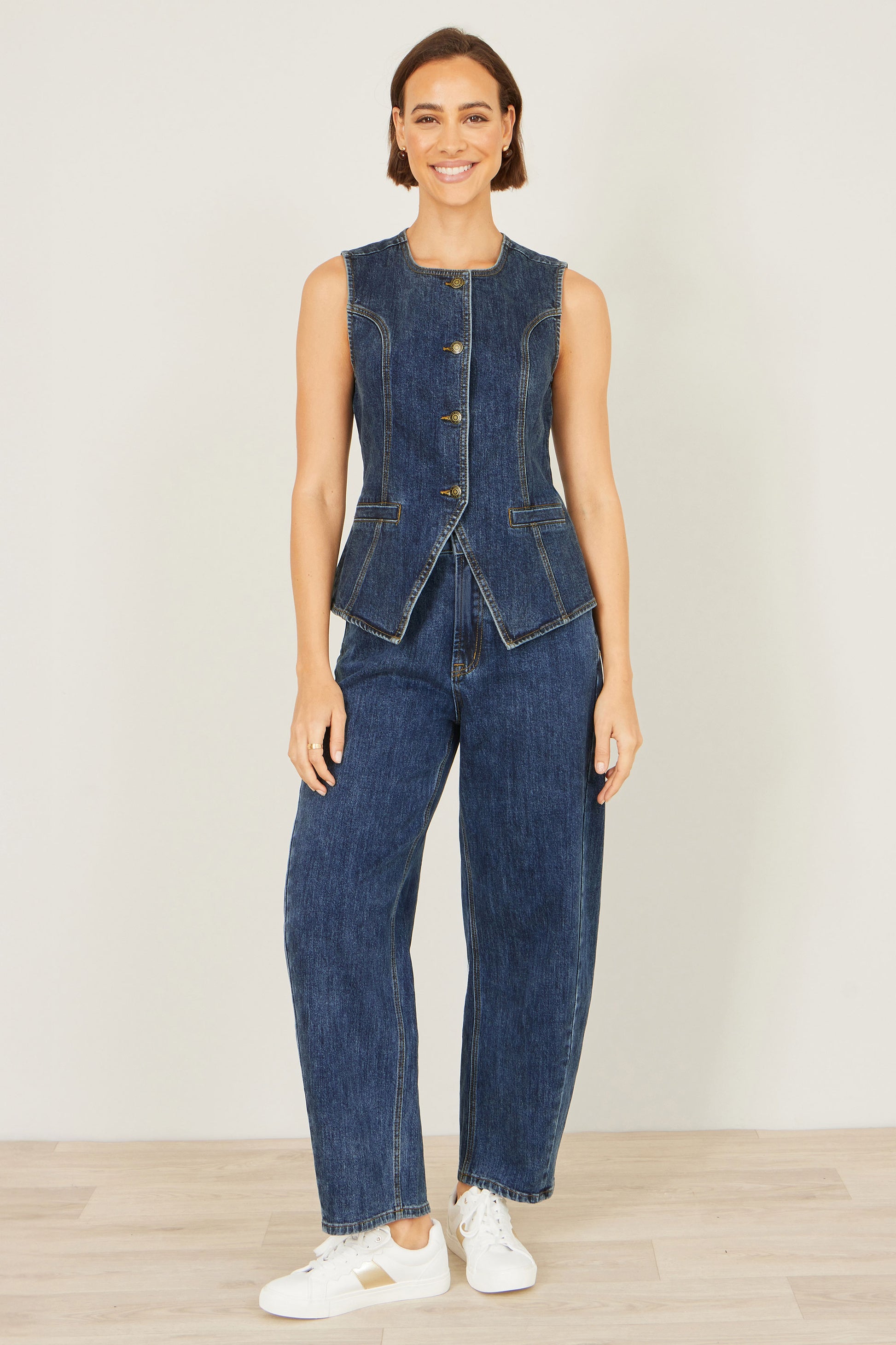 Yumi Blue Stretch Long Denim Waistcoat WAISTCOAT Yumi