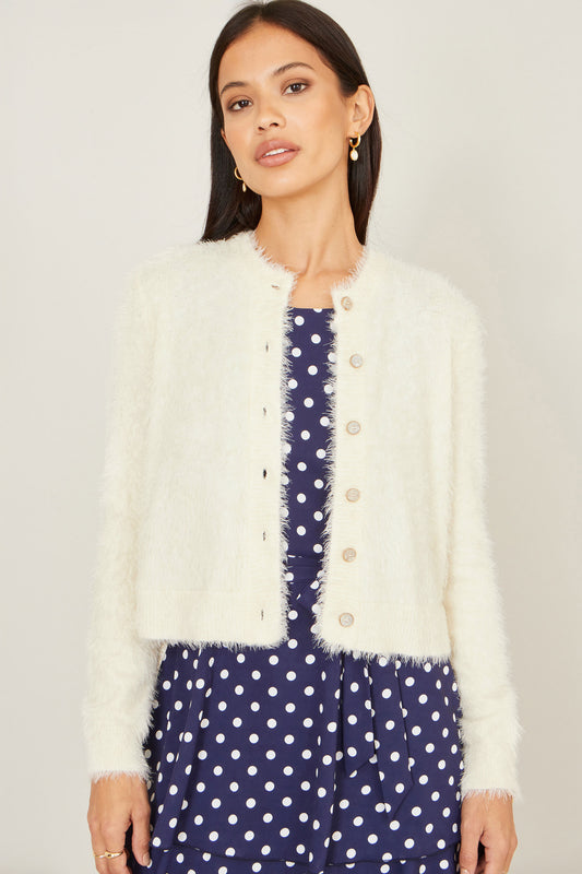 Yumi Ivory Eyelash Knit Cropped Cardigan Knit Cardigan Yumi