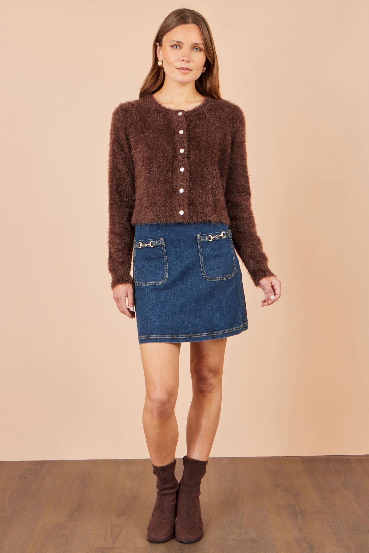 Yumi Brown Eyelash Knit Cropped Cardigan Knit Cardigan Yumi