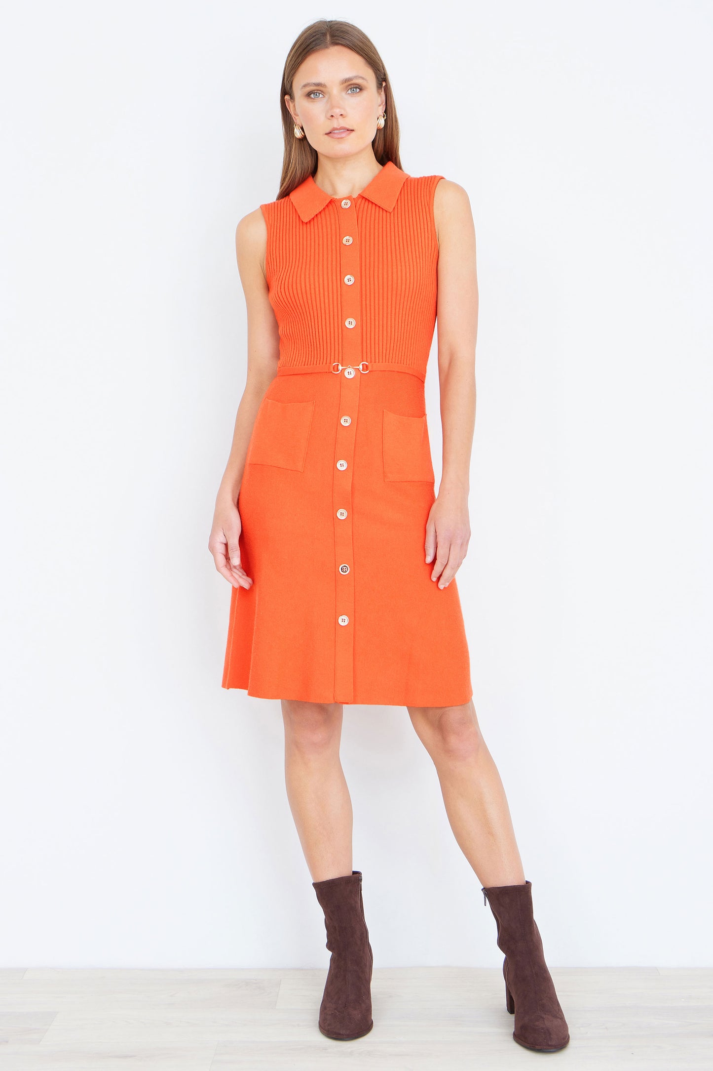 Yumi Orange Rib Knitted Skater Dress With Buckle Detail Knit Dress Yumi