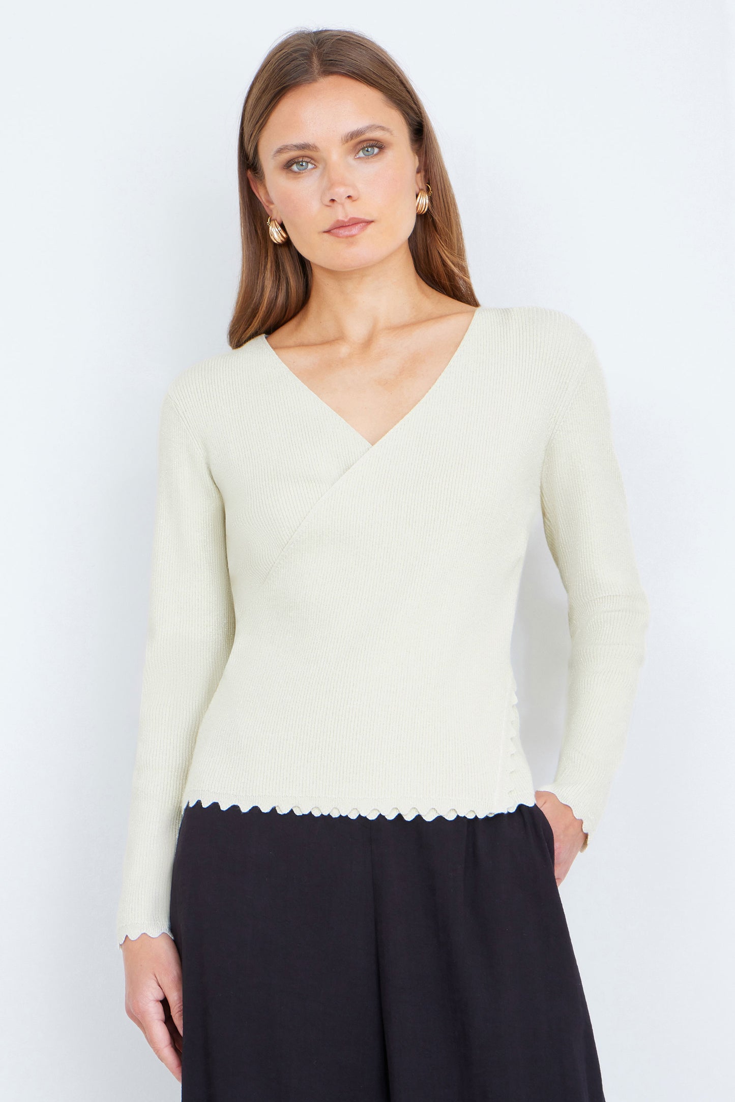Yumi Ivory Metallic Thread Rib Wrap Knitted Top Knit Top Yumi