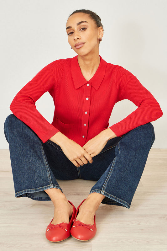 Yumi Red Ribbed Collar Button Up Cardigan Knit Cardigan Yumi