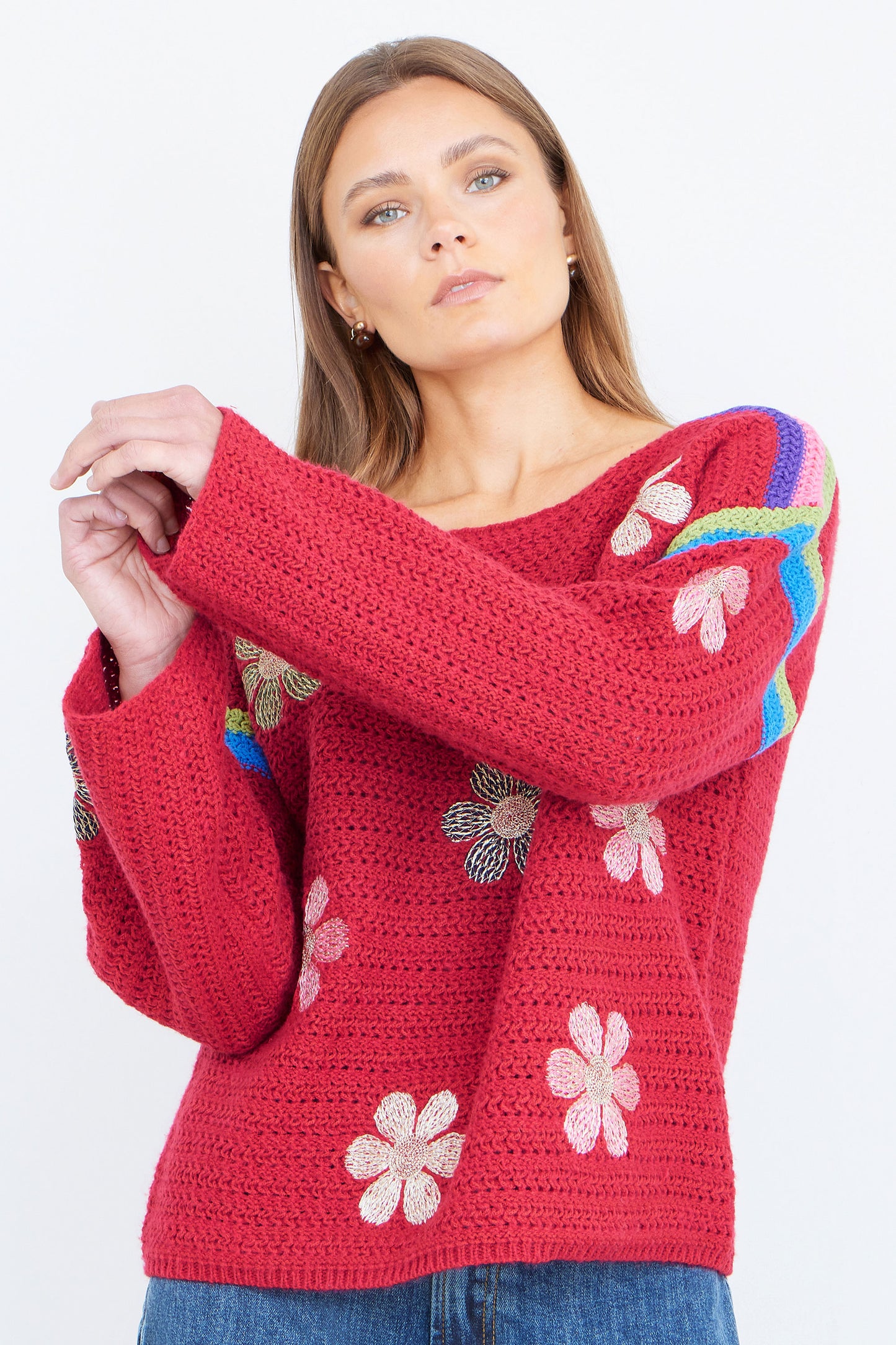 Yumi Red Crochet Flower Jumper Knit Jumper Yumi