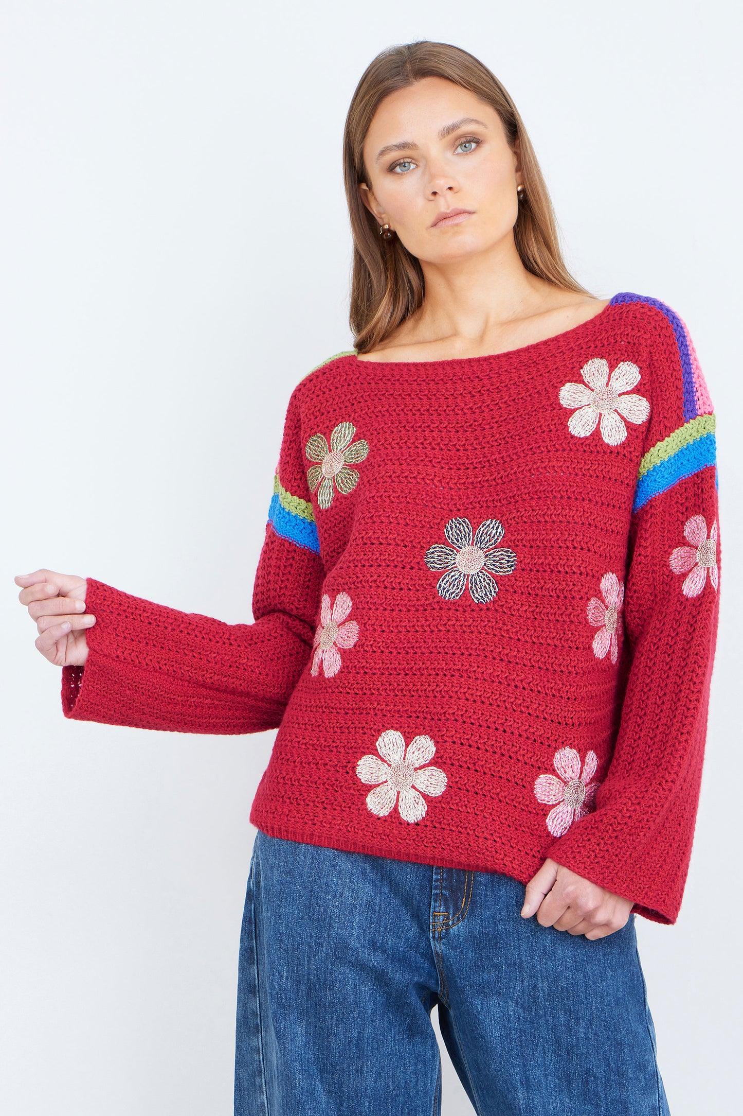 Yumi Red Crochet Flower Jumper Knit Jumper Yumi