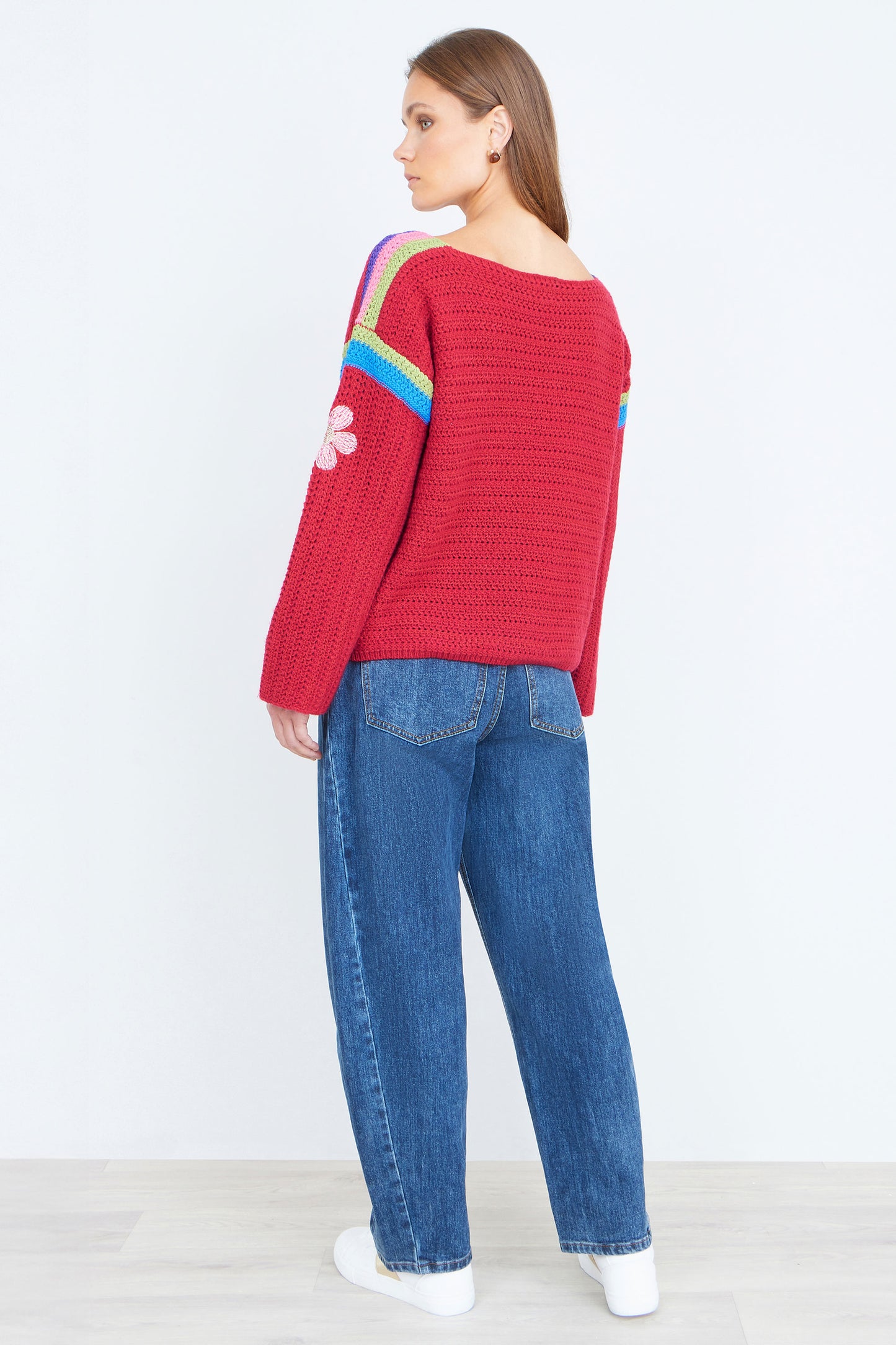 Yumi Red Crochet Flower Jumper Knit Jumper Yumi