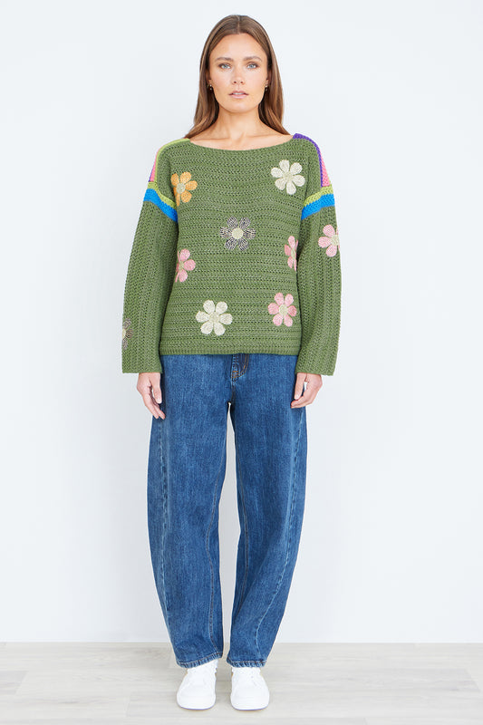 Yumi Green Crochet Flower Jumper Knit Jumper Yumi
