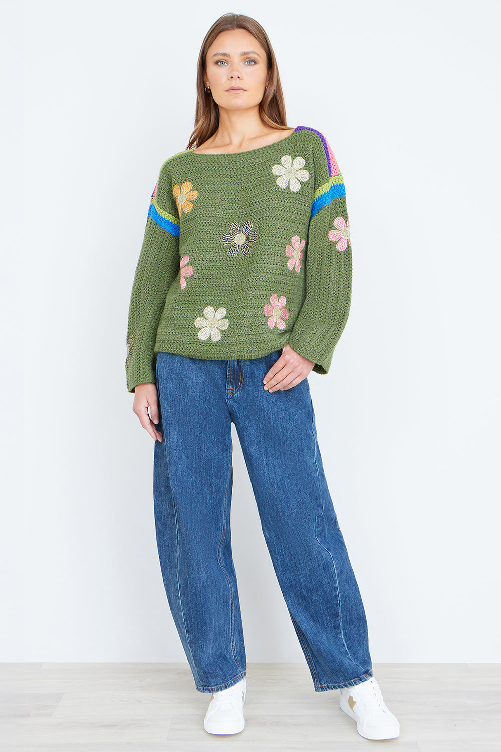 Yumi Green Crochet Flower Jumper Knit Jumper Yumi