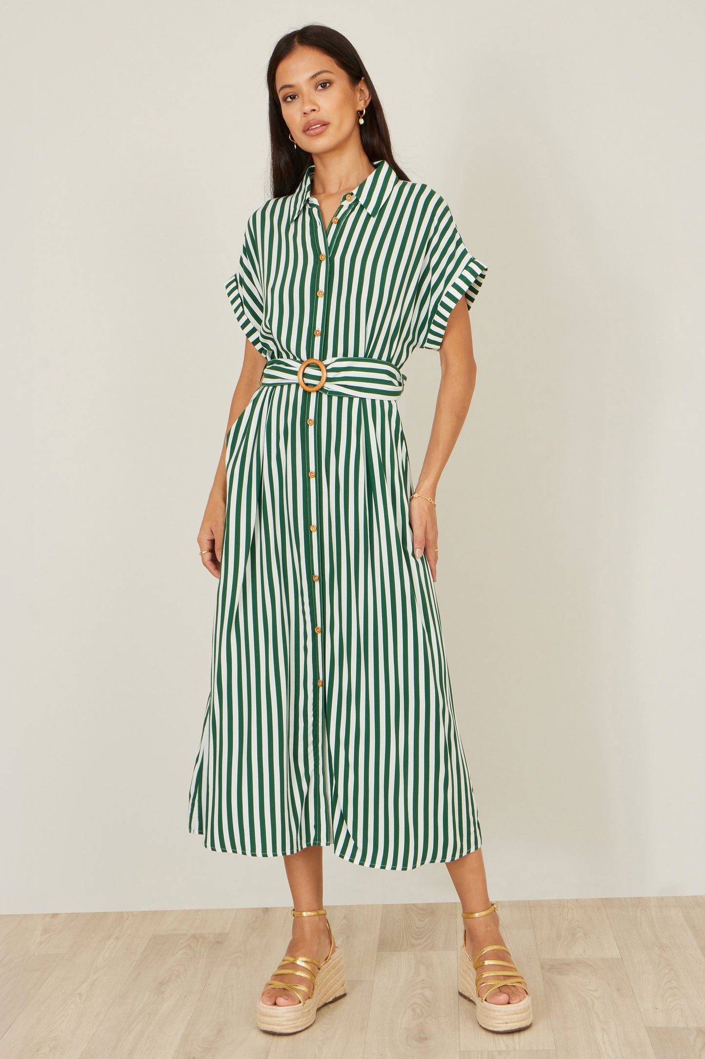 Yumi Green Stripe Print Relaxed Midi Shirt Dress With Belt Dress Casual Yumi