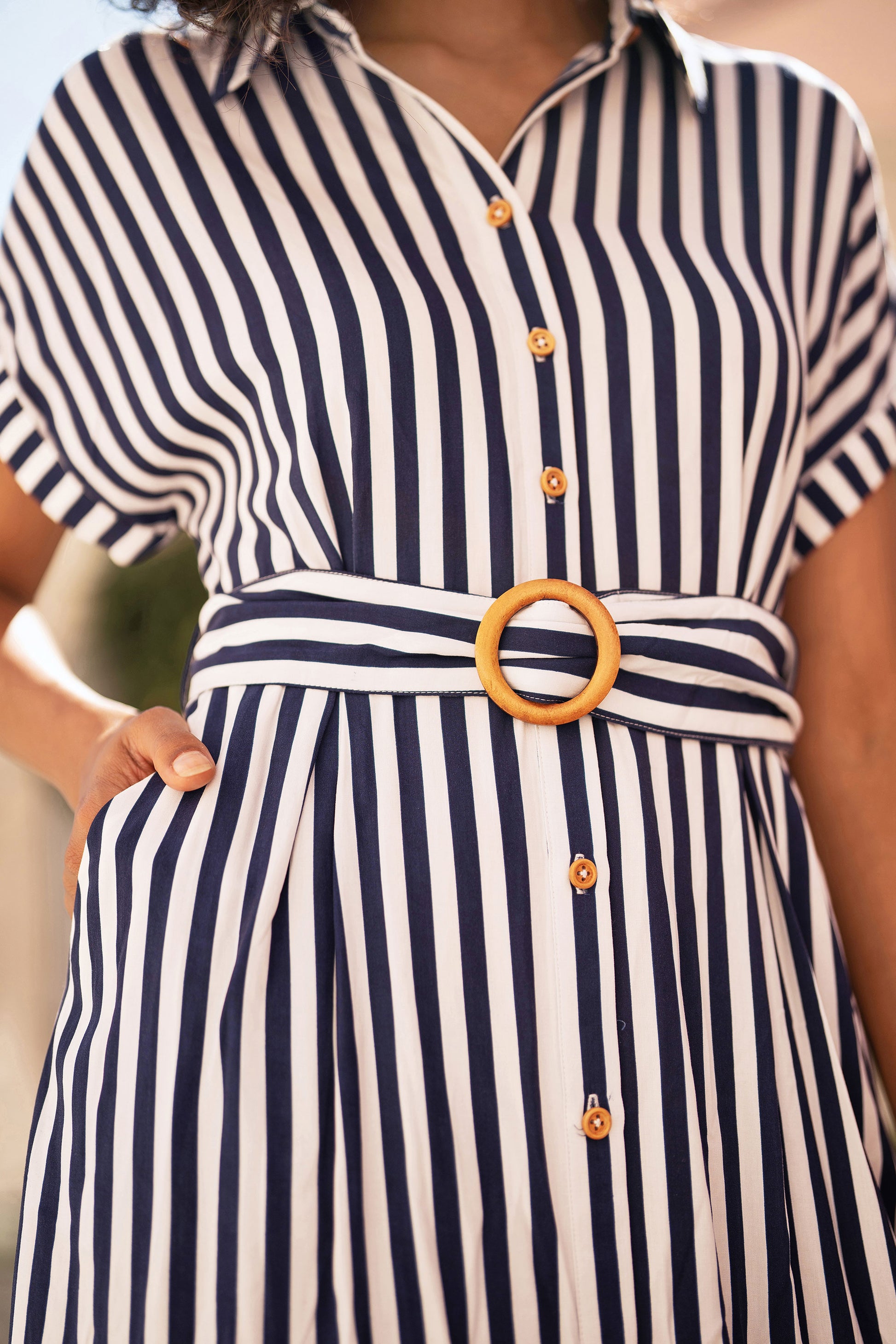 Yumi Navy Stripe Print Relaxed Midi Shirt Dress With Belt Dress Casual Yumi