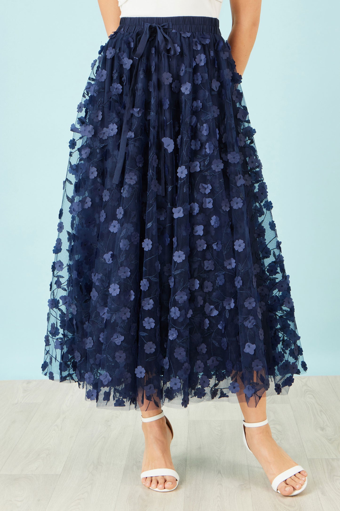 Yumi Navy Mesh Floral Applique Midi Skirt Skirts Yumi