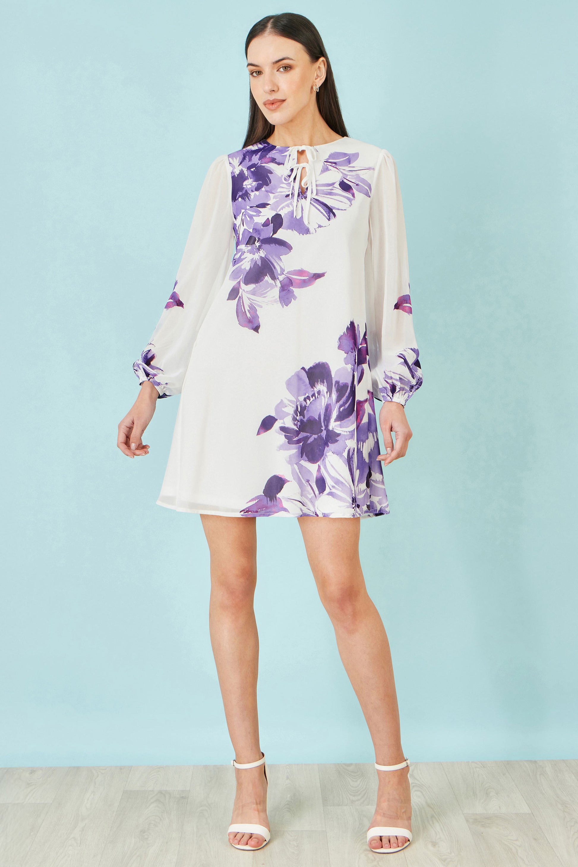 Yumi White Floral Placement Tunic With Keyhole Neckline Dress Occasion Yumi