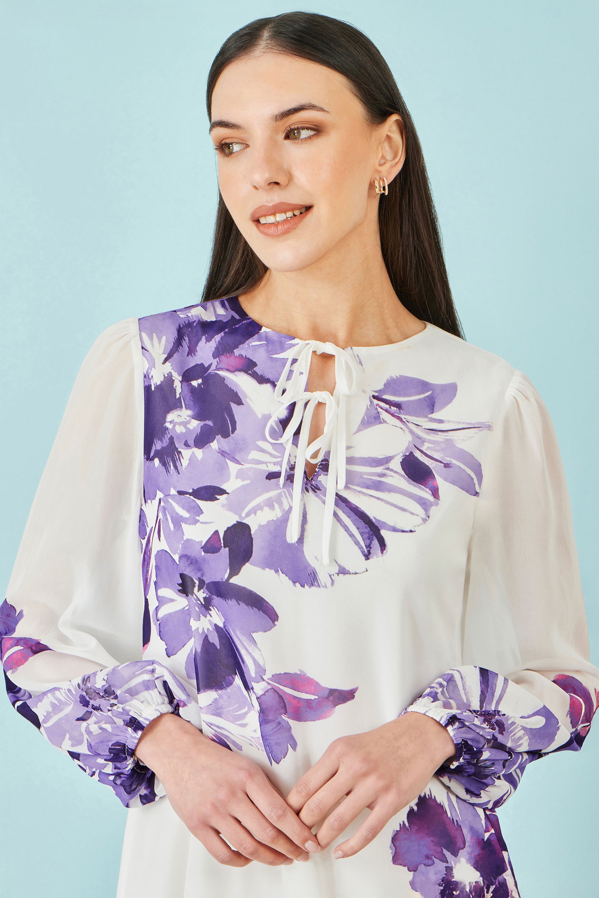 Yumi White Floral Placement Tunic With Keyhole Neckline Dress Occasion Yumi
