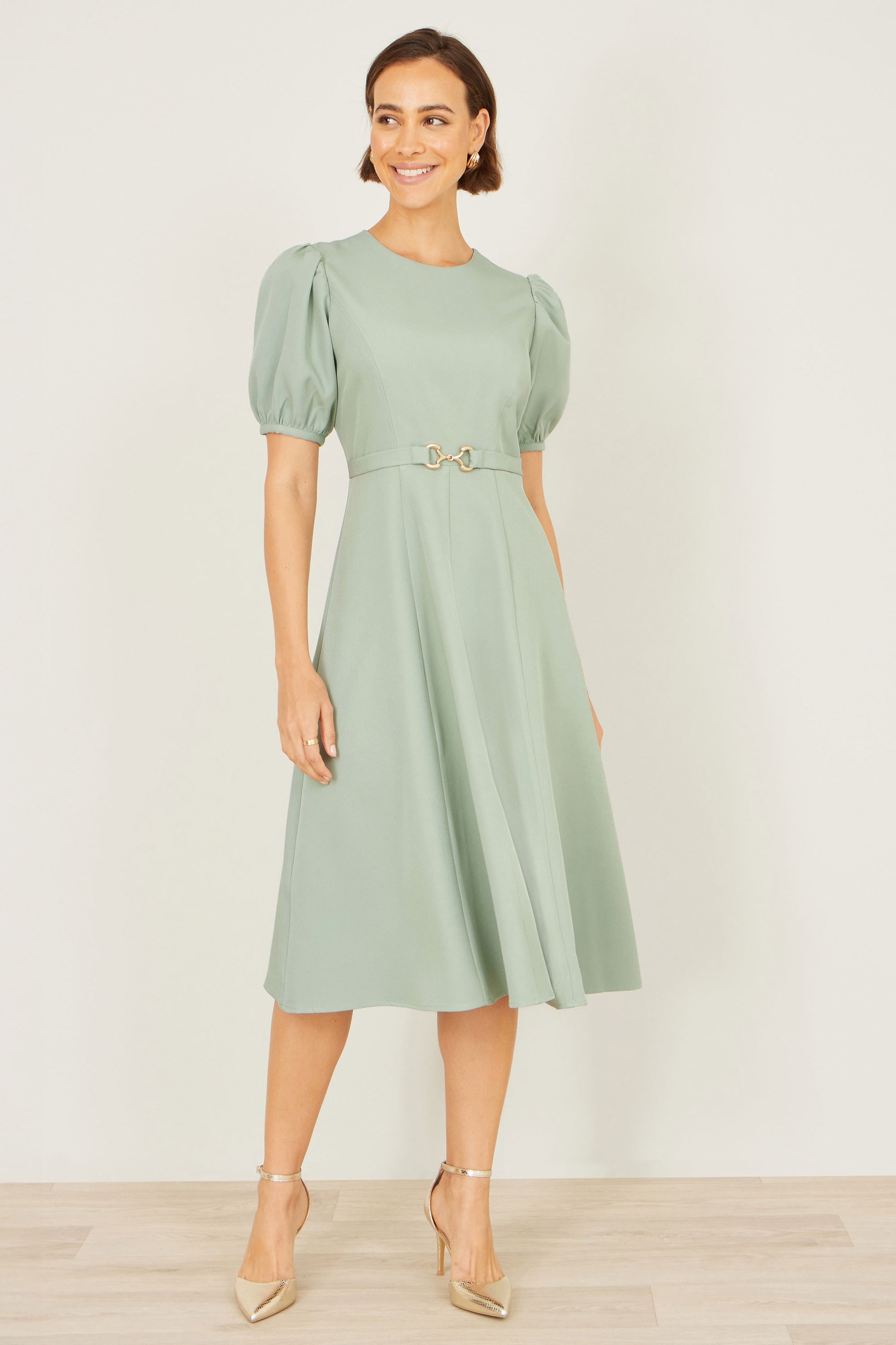 Yumi Mint Skater Dress With Puff Sleeves And Buckle Detail Dress Occasion Yumi