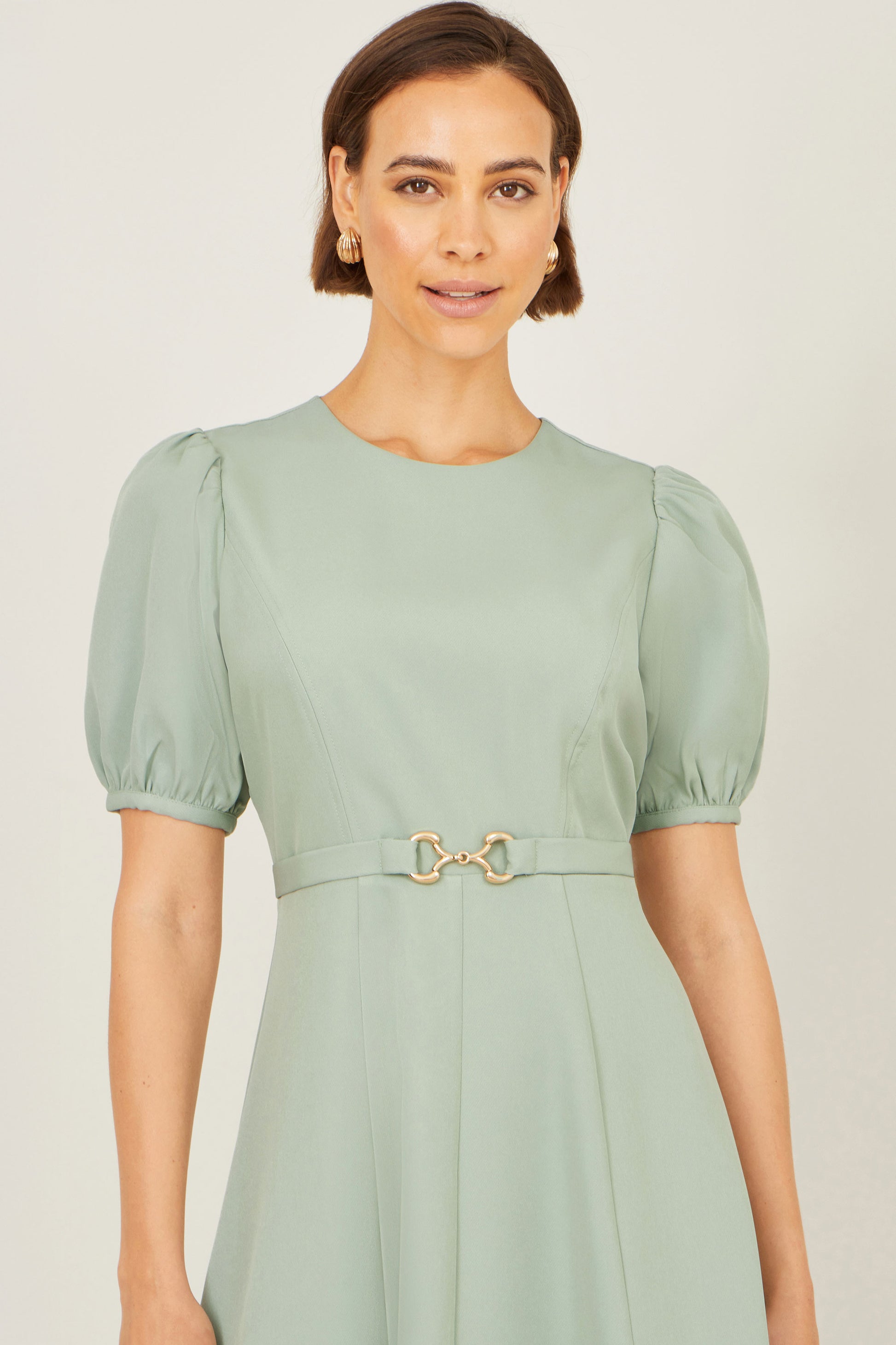 Yumi Mint Skater Dress With Puff Sleeves And Buckle Detail Dress Occasion Yumi
