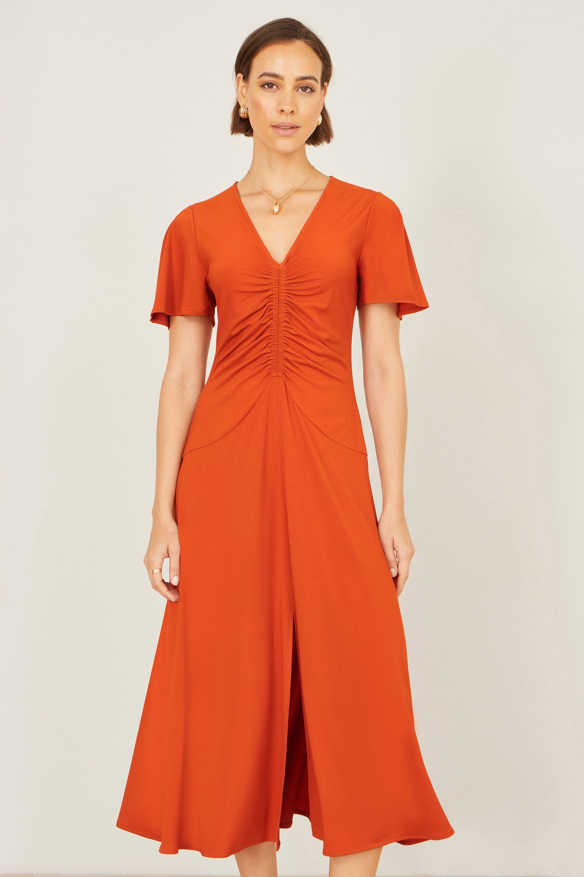 Yumi Orange Ruched Front Stretch Midi Dress Dress Casual Yumi