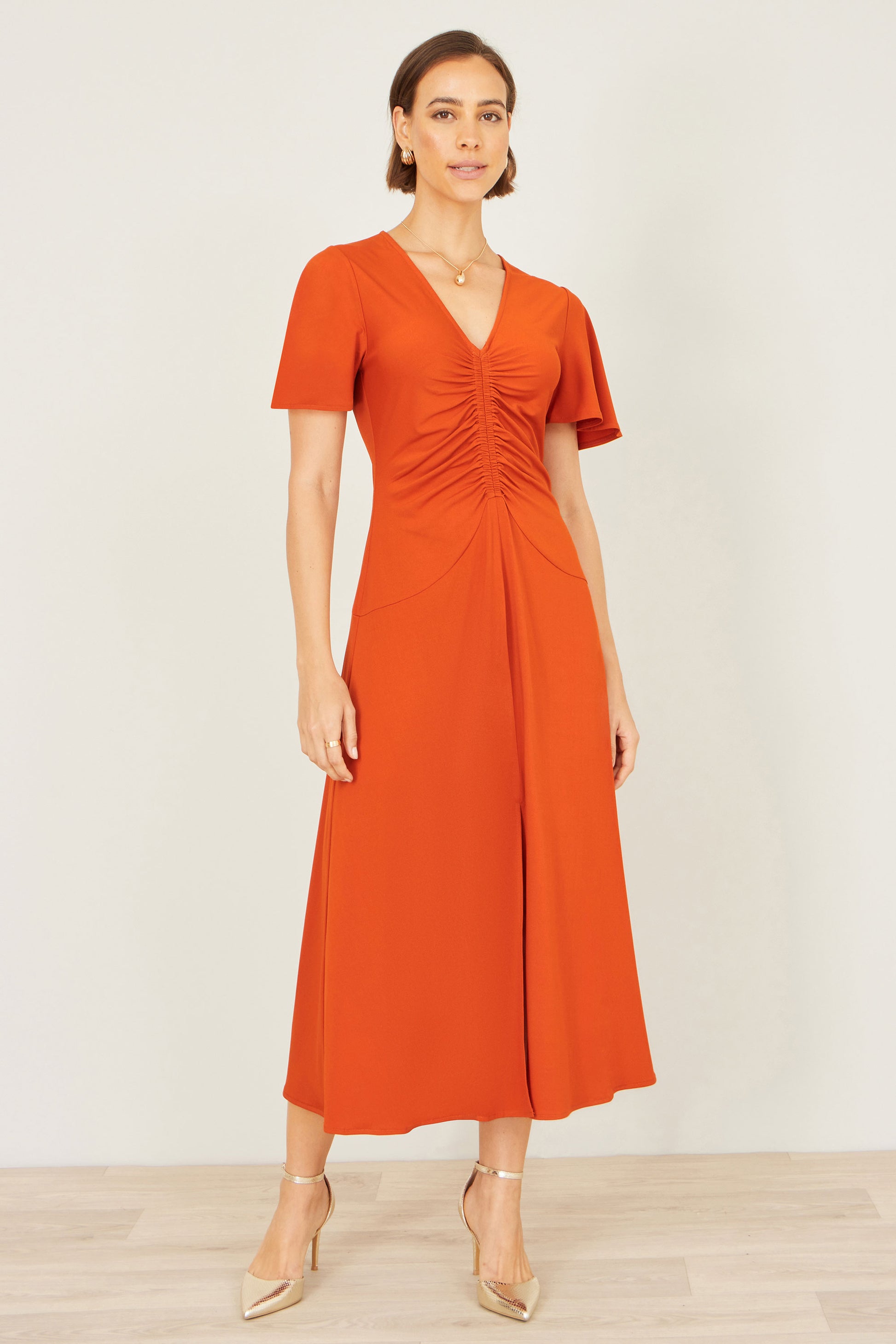 Yumi Orange Ruched Front Stretch Midi Dress Dress Casual Yumi