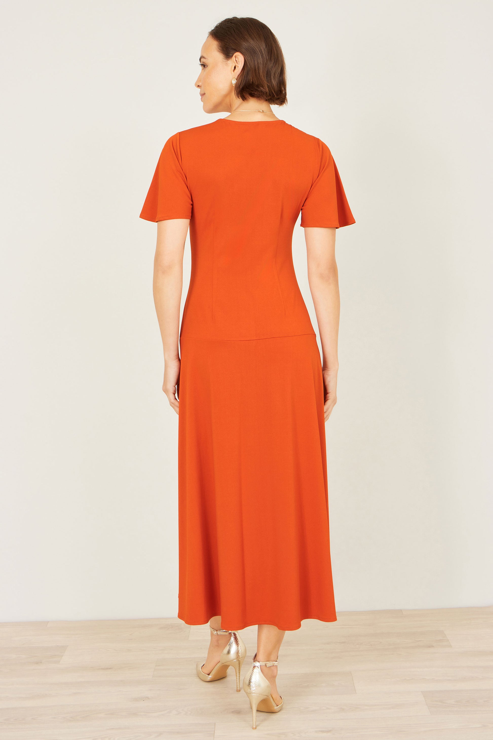 Yumi Orange Ruched Front Stretch Midi Dress Dress Casual Yumi