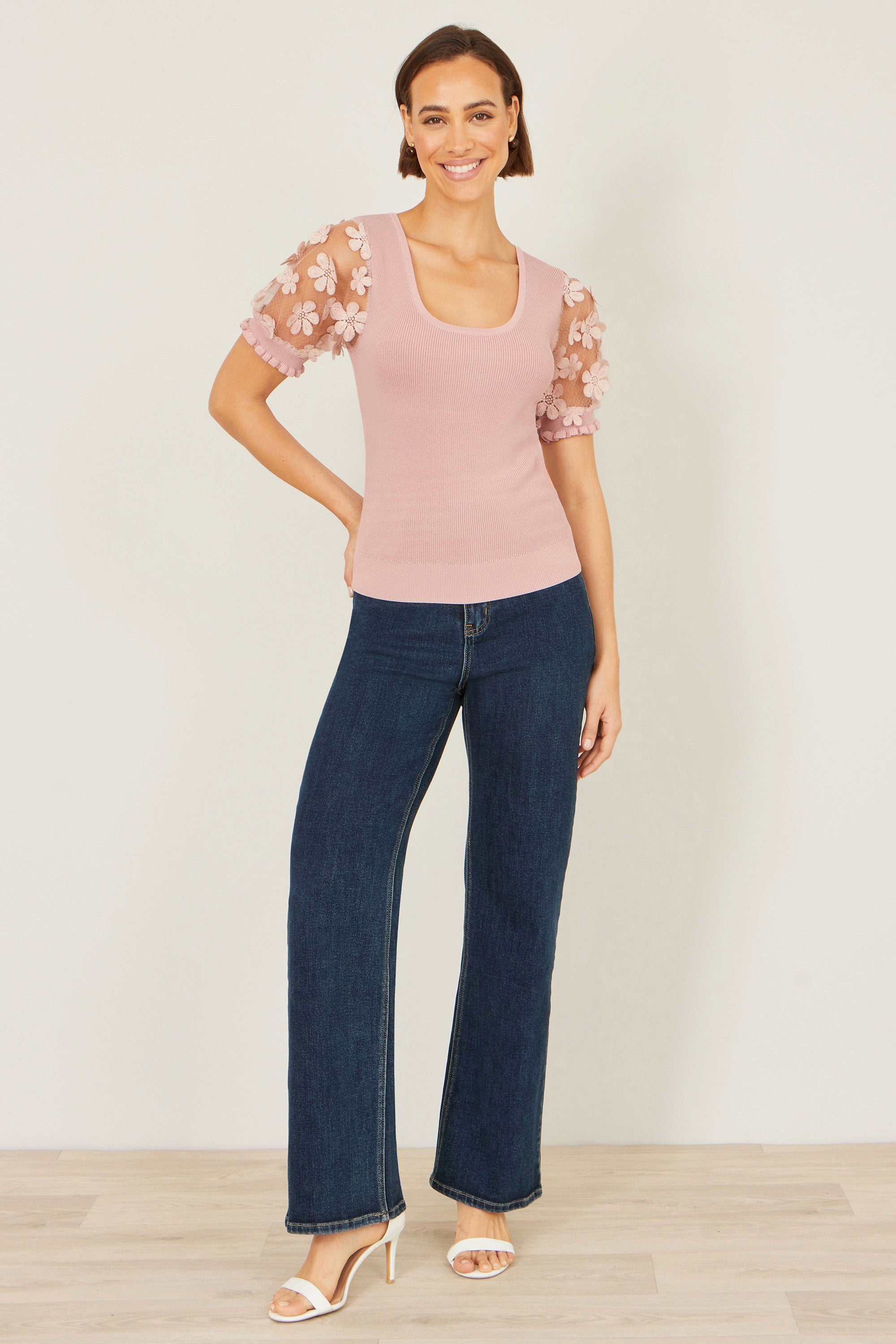 Yumi Blush Knitted Top With Floral Applique | Yumi