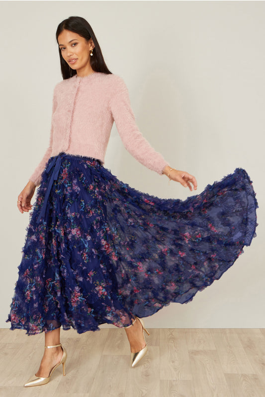 Yumi Navy Floral Ruffle Mesh Midi Skirt Skirts Yumi